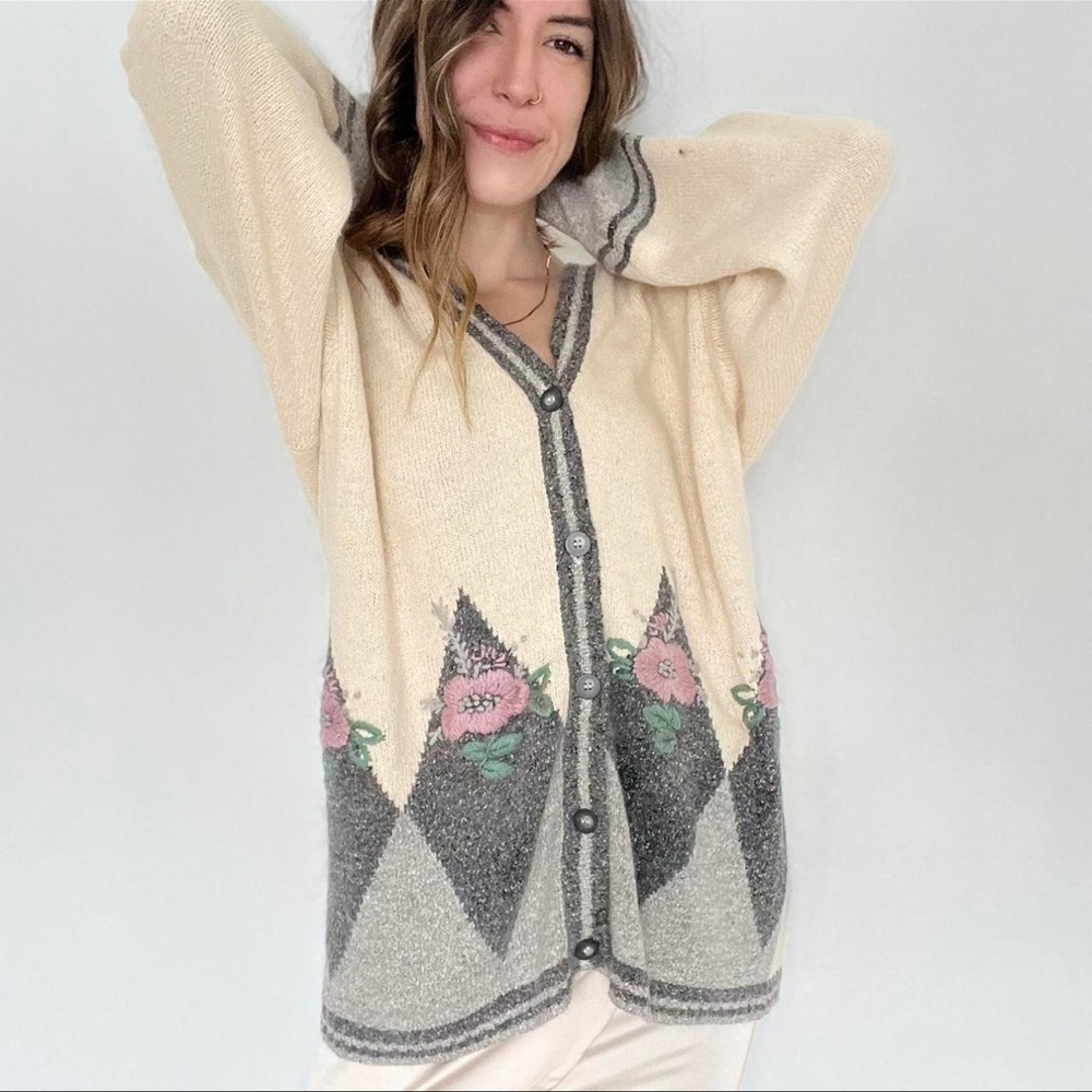 Amanda Michaels Petite Medium Cream‎ Vintage 70s Cardigan Sweater